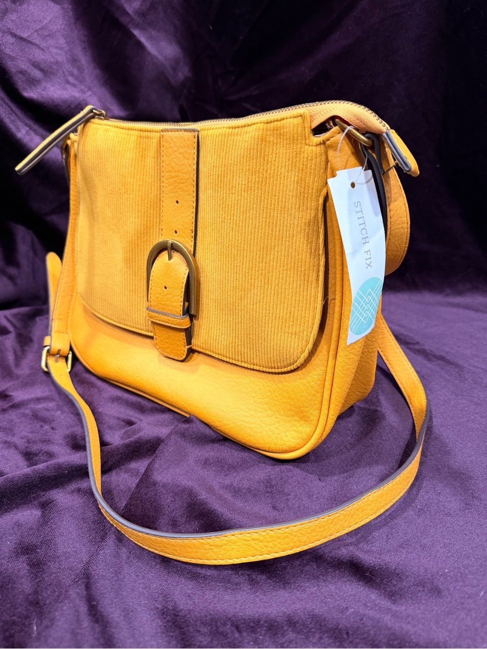 Mustard Yellow Mixed Media Corduroy Flap Crossbody Bag